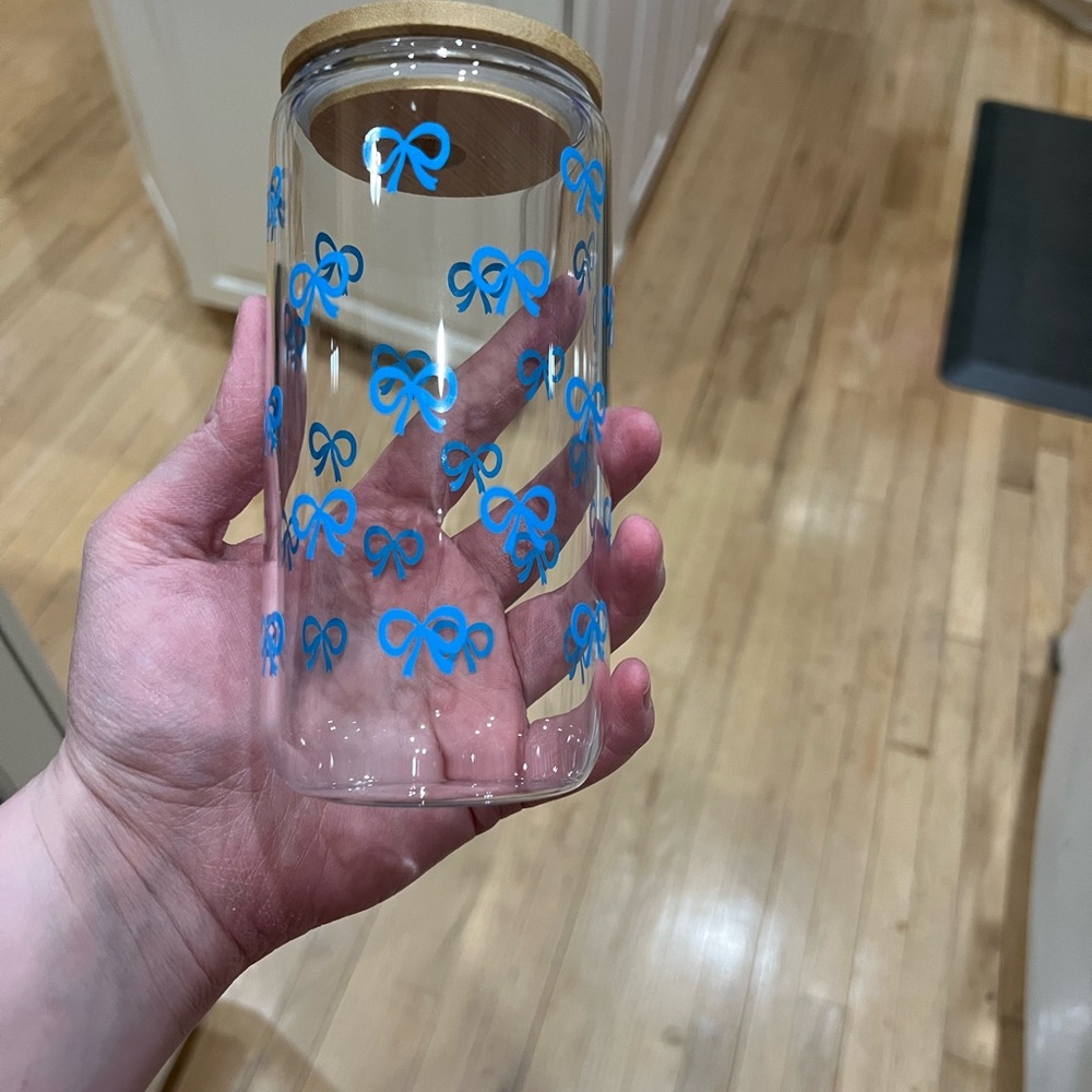 Glass Tumbler with Blue Bow Design